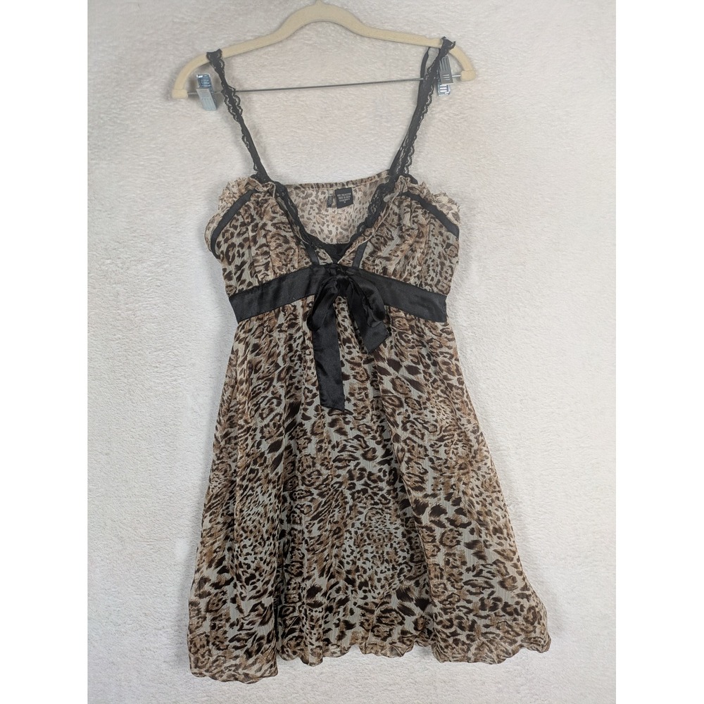 Passport Babydoll Top Women's S Brown Leopard Print Lace Trim Satin Bow Y2K